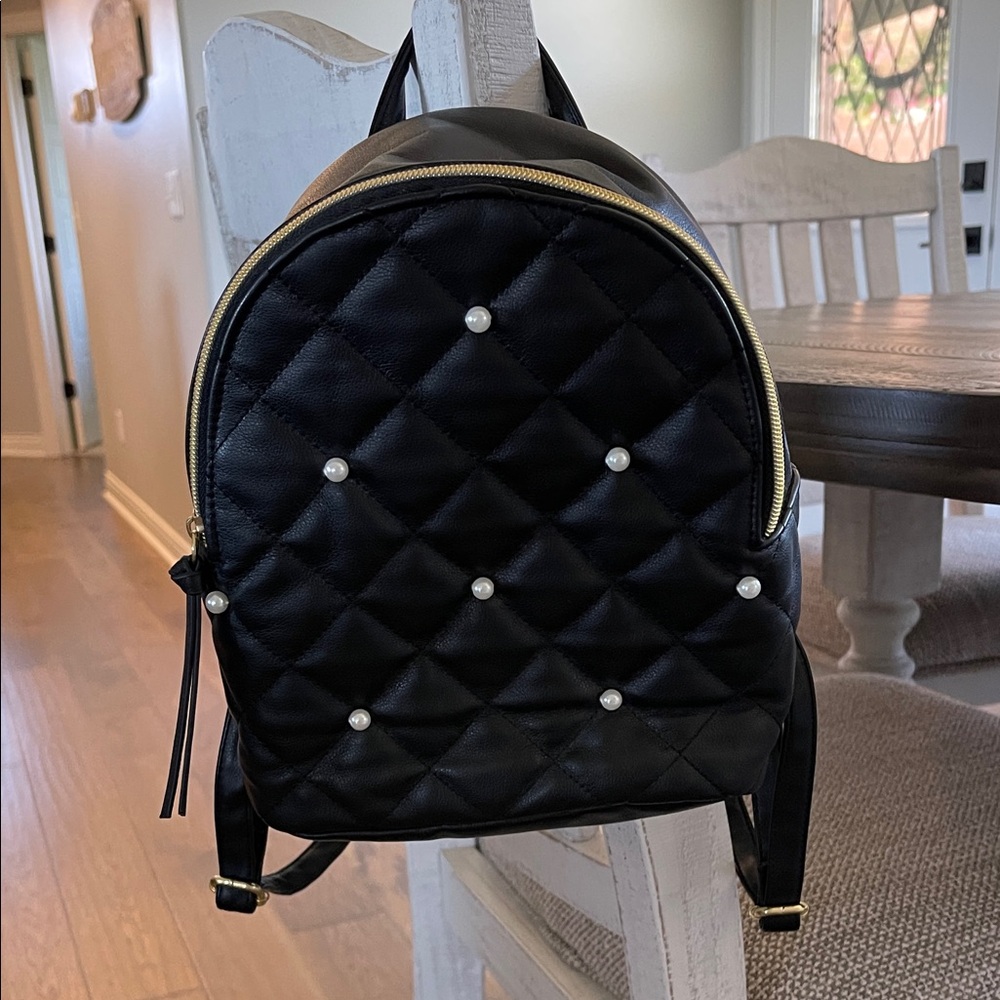 NWOT Small Elegant Black Quilted Backpack with Pearl Details